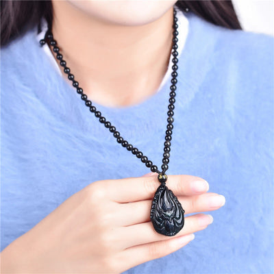 Buddha Stones Natural Rainbow Obsidian Nine Tailed Fox Inner Peace Necklace Beaded String Pendant Necklaces & Pendants BS 4