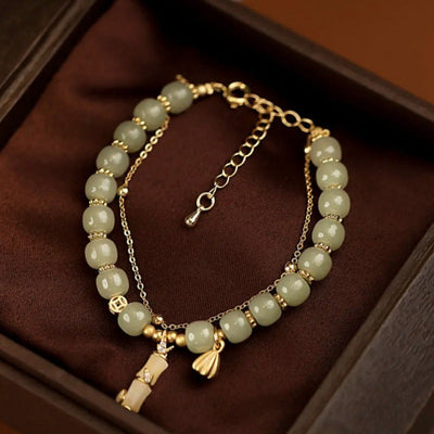 Buddha Stones Natural Hetian Jade Prosperity Lotus Bamboo Charm Bracelet Bracelet BS 2