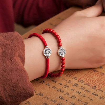 Buddha Stones 925 Sterling Silver Yin Yang Bagua Symbol Cinnabar String Concentration Bracelet Bracelet BS 7