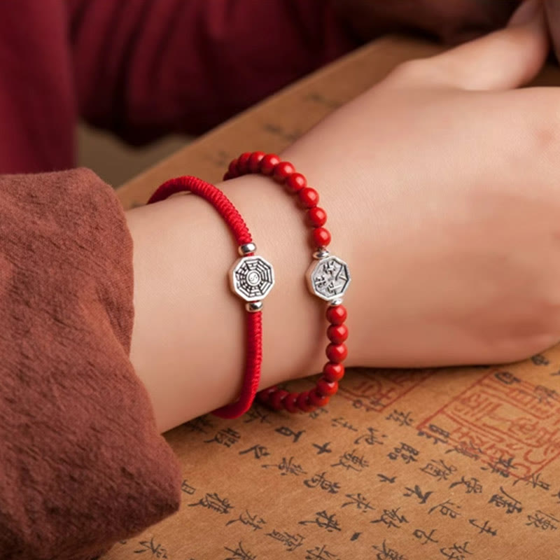 Buddha Stones 925 Sterling Silver Yin Yang Bagua Symbol Cinnabar String Concentration Bracelet Bracelet BS 7