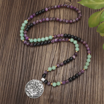 Buddha Stones 108 Mala Beads Amethyst Green Aventurine Lotus Meditation Bracelet - image 2