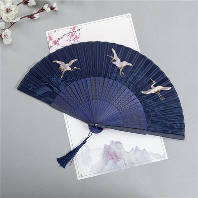 Buddha Stones Crane Dragonfly Lotus Peony Plum Blossom Butterfly Handheld Silk Bamboo Folding Fan 22.5cm 1