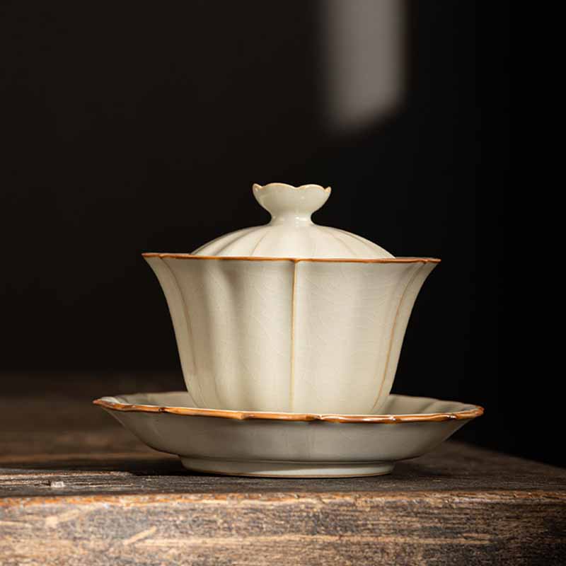 Buddha Stones Beige Plum Blossom Shape Peach Branch Ceramic Gaiwan Sancai Teacup Kung Fu Tea Cup With Lid Cup BS Beige Plum Blossom Shape 9.8cm*9.2cm*120ml