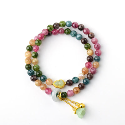 Buddha Stones Multicolored Tourmaline Gourd Wisdom Double Wrap Lily Of The Valley Charm Bracelet Bracelet BS 5