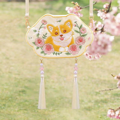 Buddha Stones Embroidery Lucky Panda Cat Shiba Inu Deer Rabbit Fox Flower Cute Animal Hanfu Bag Crossbody Bag Shoulder Bag Bag BS Shiba Inu
