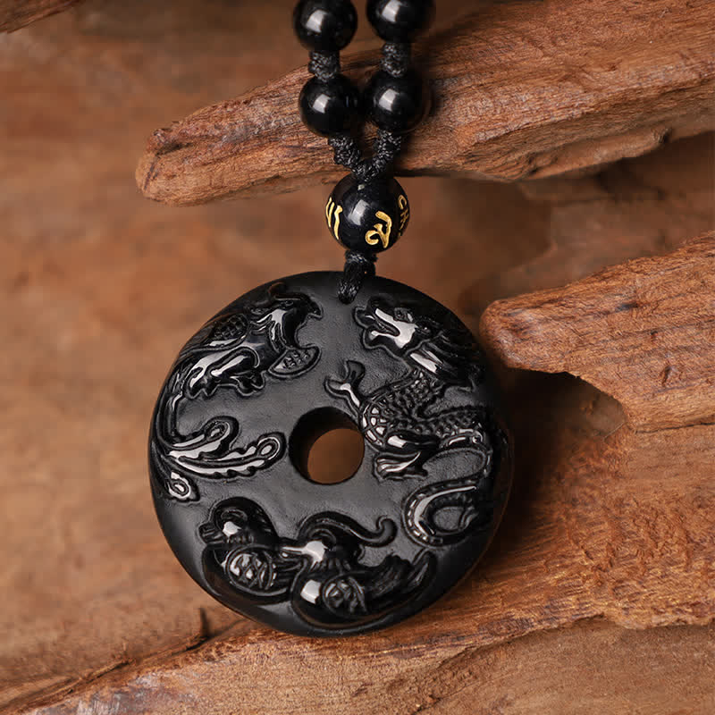 Buddha Stones Black Obsidian Dragon Phoenix Mandarin Duck Luck Protection Necklace Pendant Necklaces & Pendants BS 2