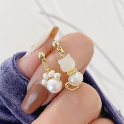 Buddha Stones Cute Cat Paw Pearl Wisdom Stud Drop Earrings Earrings BS 4