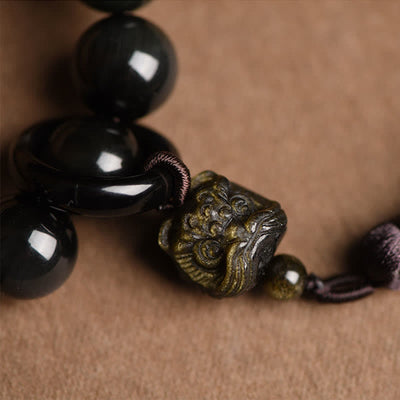 Buddha Stones Natural Black Obsidian Lion Wrist Mala Protection Tassels Pocket Mala Car Decoration Wrist Mala&Decorations BS 4