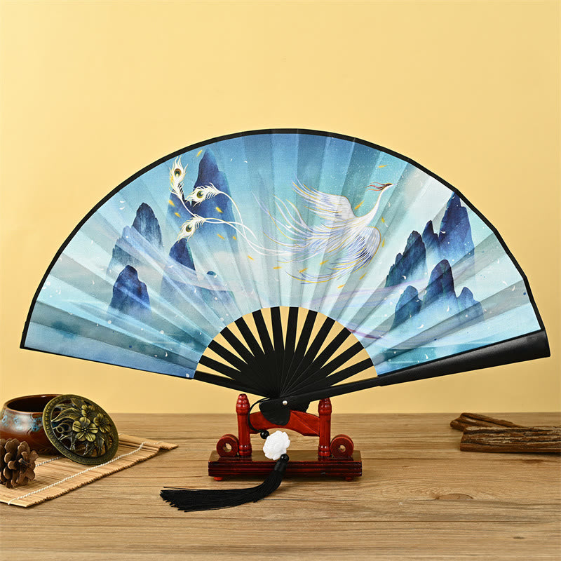 Buddha Stones Vintage Phoenix Nine-Tailed Fox Flower Bamboo Tiger Handheld Folding Fan Lotus Tassel Fan Folding Fan BS Phoenix