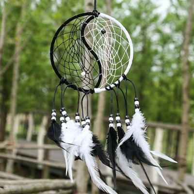Buddha Stones Yin Yang  Dream Catcher Circular Net with Feathers Balance Decoration Decorations BS #2