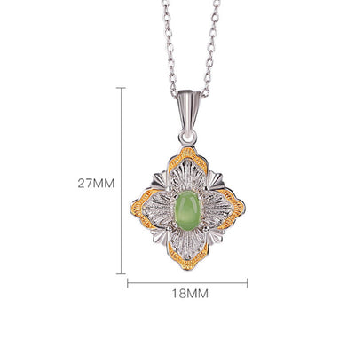 Buddha Stones 925 Sterling Silver Plated Gold Hetian Cyan Jade Rhombus Design Luck Healing Necklace Pendant Necklaces & Pendants BS 6
