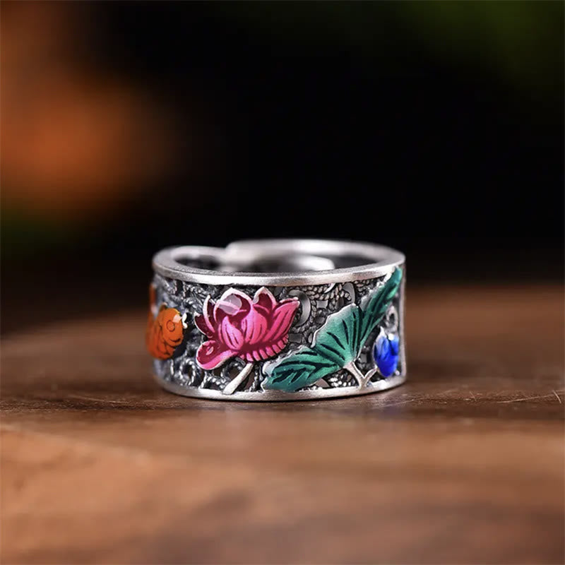 Buddha Stones Copper Blue Enamel Lotus Heart Sutra Koi Fish Luck Ring Ring BS 1
