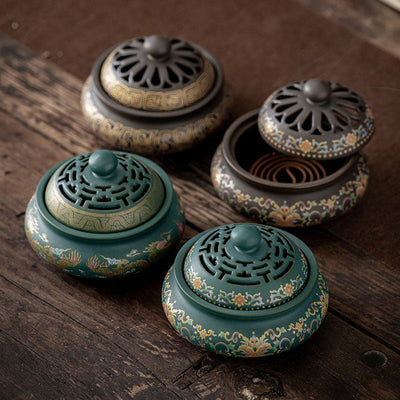 Buddha Stones Dragon Floral Pattern Backflow Smoke Fountain Ceramic Meditation Incense Burner Decoration Decorations Incense Burner BS 1