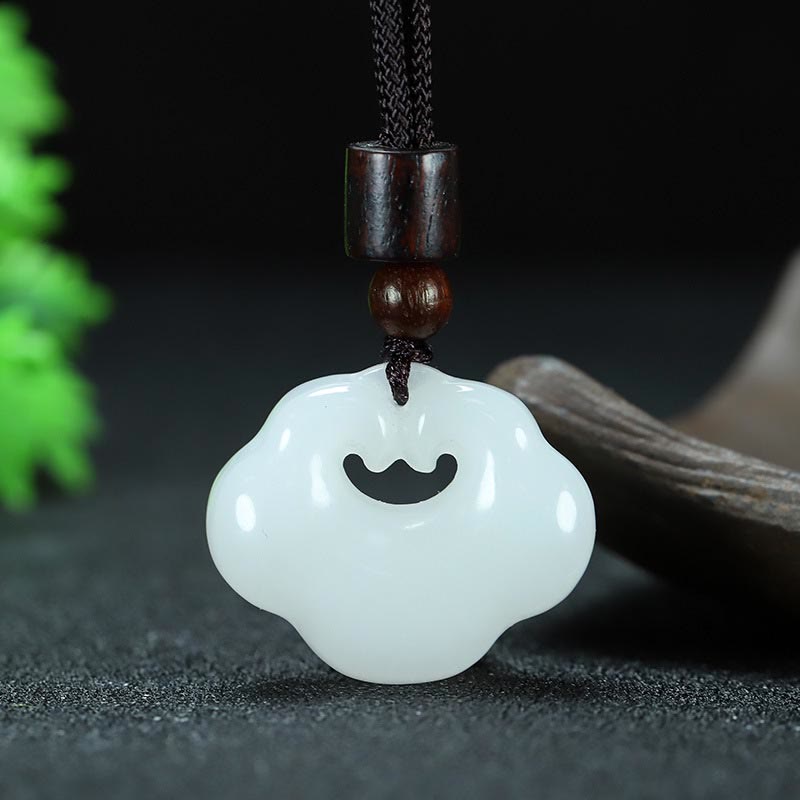 Buddha Stones Tianshan Jade Golden Silk Jade Chinese Lock Charm Abundance Necklace Pendant 9