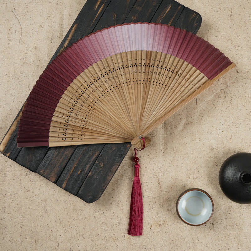 Buddha Stones Solid Color Gradient Hollow Engraved Handheld Bamboo Folding Fan Folding Fan BS Gradient Darkred 21.5cm