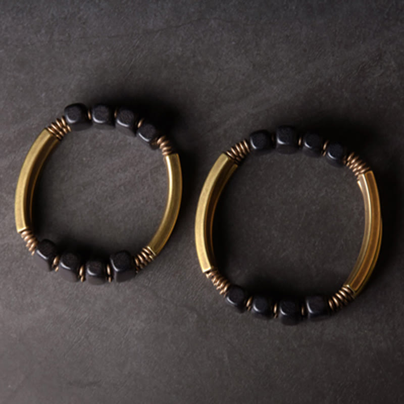 Buddha Stones Tibetan Ebony Wood Brass Copper Balance Double Layer Bracelet - image 11