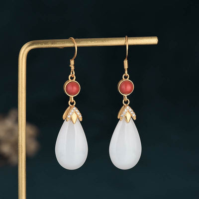 Buddha Stones FengShui White Jade Luck Drop Earrings Earrings BS 3