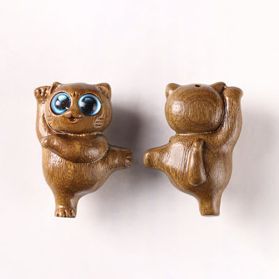 Buddha Stones Mini Green Sandalwood Dancing Cat Engraved Positive Desk Decorations Decorations BS 9