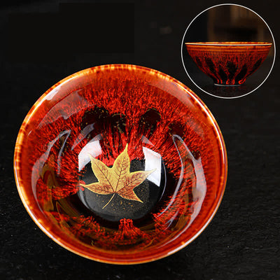 Buddha Stones Maple Leaf Colorful Ceramic Teacup Home Tea Cups Cup BS 9.5cm*4.5cm*110ml Red