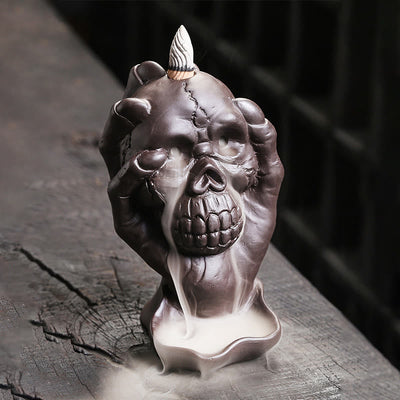 Buddha Stones Halloween Skull With Ghost Hand Purple Clay Spiritual Incense Burner Decoration Incense Burner BS 2