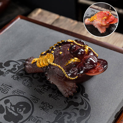 Buddha Stones Color Changing FengShui Wealth Lucky Frog Copper Coin Tea Pet Resin Figurine Decoration