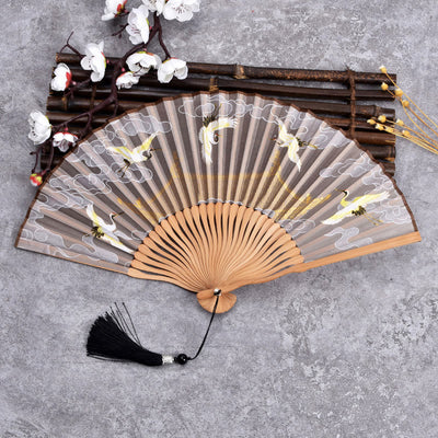 Buddha Stones Vintage Cloud Crane Pattern Handheld Bamboo Folding Fan - Khaki - image 6