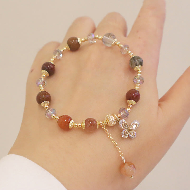 Buddha Stones Natural Fu Lu Shou Rainbow Crystal Rutilated Quartz Wealth Butterfly Charm Bracelet Bracelet BS 13