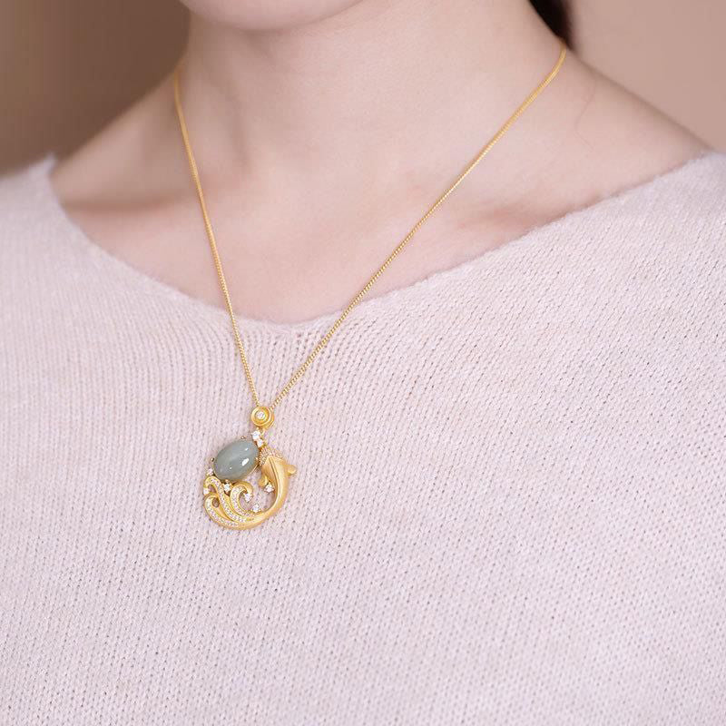 Buddhastoneshop Cyan Jade Koi Fish Healing Calm Necklace Pendant