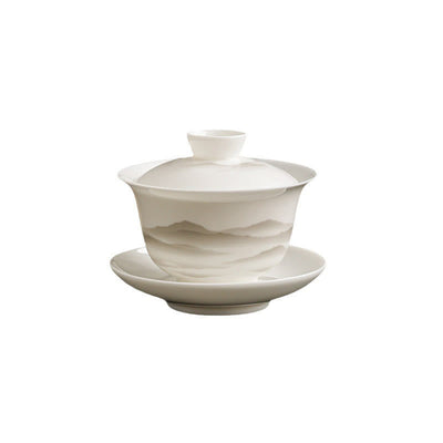 Buddha Stones Vintage Ink Painting Mountain White Porcelain Ceramic Gaiwan Sancai Teacup Kung Fu Tea Cup And Saucer With Lid Tea Utensil Teapot Cup BS 11
