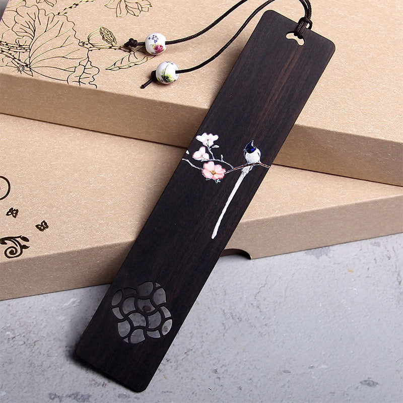 Buddha Stones Oriole Bird Flower Ebony Wood Bookmarks With Gift Box Bookmarks BS Ebony White Oriole Bird