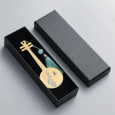 Buddha Stones Classical Musical Instruments Pipa Guzheng Guqin Ruan Metal Bookmarks Tassel With Gift Box Bookmarks BS Gold Ruan-Gift Box