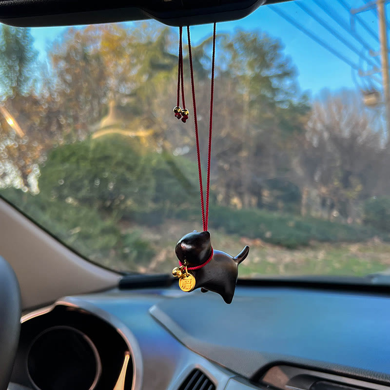 Buddha Stones Ebony Wood Green Sandalwood Lucky Cat Fu Character Lucky Fortune Bell Balance Car Hanging Decoration Car Hanging Decoration BS 4