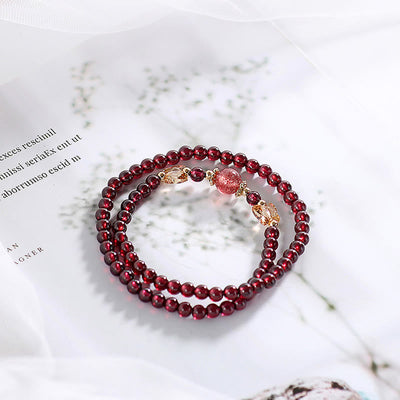Buddha Stones 14K Gold Plated Natural Garnet Strawberry Quartz Butterfly Protection Double Wrap Bracelet Bracelet BS 3