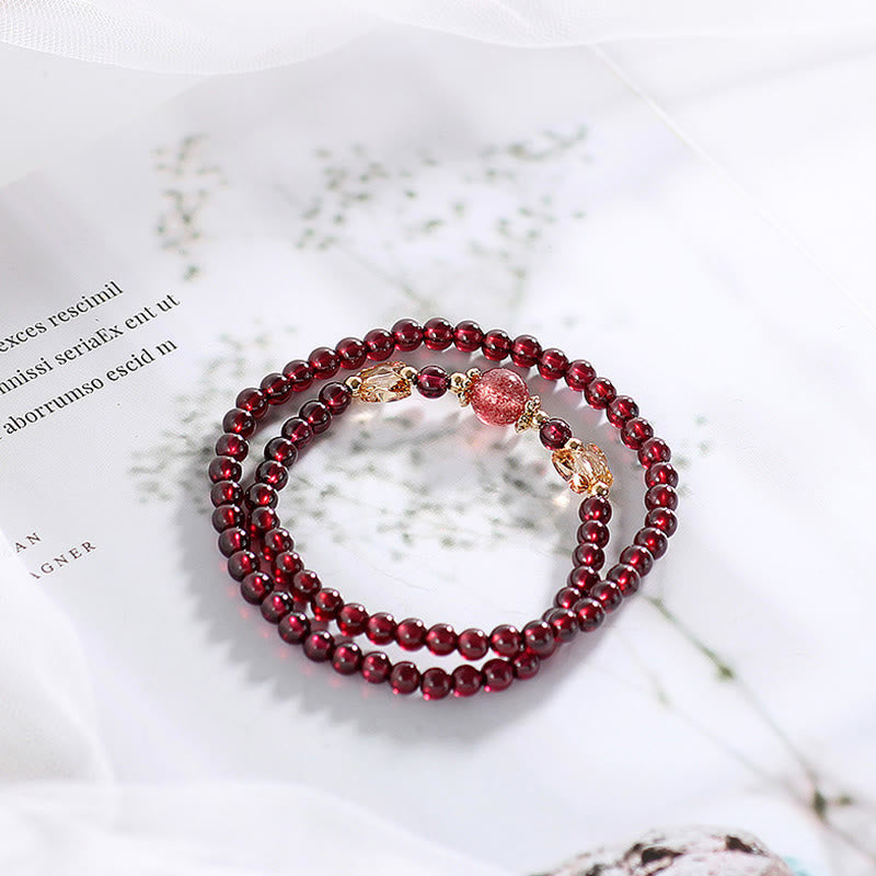 Buddha Stones 14K Gold Plated Natural Garnet Strawberry Quartz Butterfly Protection Double Wrap Bracelet Bracelet BS 3
