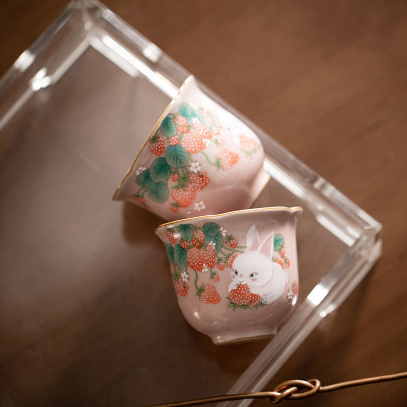 Buddha Stones Cute Strawberry Rabbit Flower Ceramic Teacup Kung Fu Tea Cup 55ml Cup BS 4