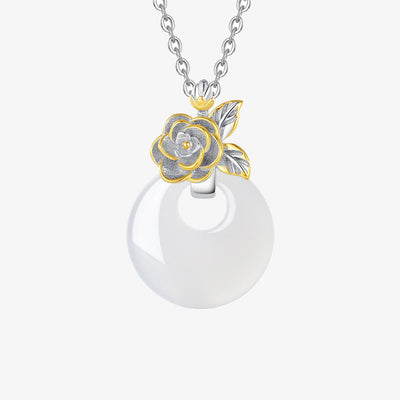 Buddha Stones 925 Sterling Silver Round Chalcedony Twelve Months Flower Harmony Necklace Pendant Necklaces & Pendants BS Camellia