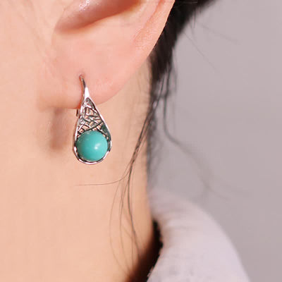 Buddha Stones 925 Sterling Silver Turquoise Beaded Pattern Protection Drop Dangle Earrings Earrings BS 925 Sterling Silver&Turquoise
