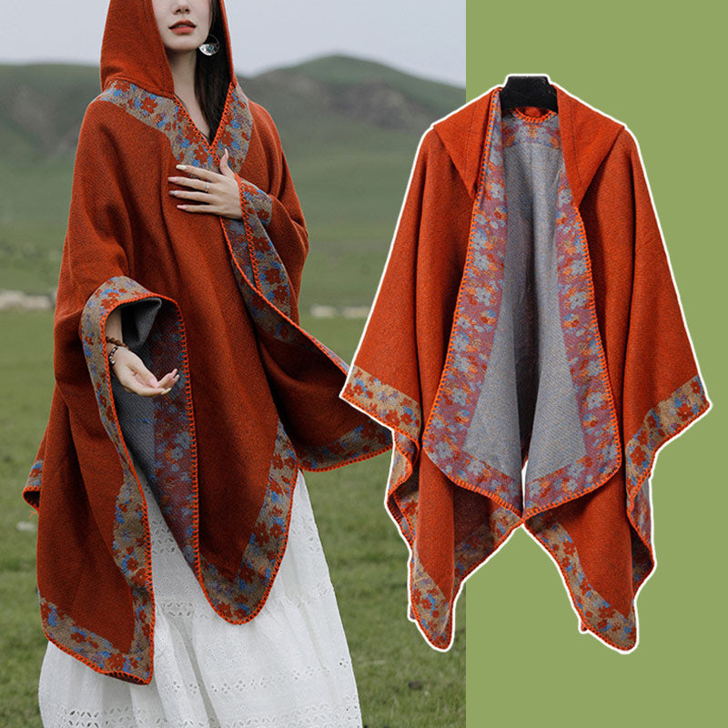 Buddha Stones Tibetan Shawl Border Small Floral Flower Hooded Cloak Winter Cozy Travel Scarf Wrap Tibetan Shawl BS 11