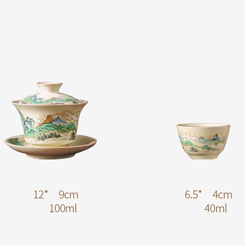Buddha Stones A Panorama of Rivers and Mountains Flowers Ceramic Gaiwan Sancai Teacup Kung Fu Tea Cup And Saucer With Lid Cup BS 7