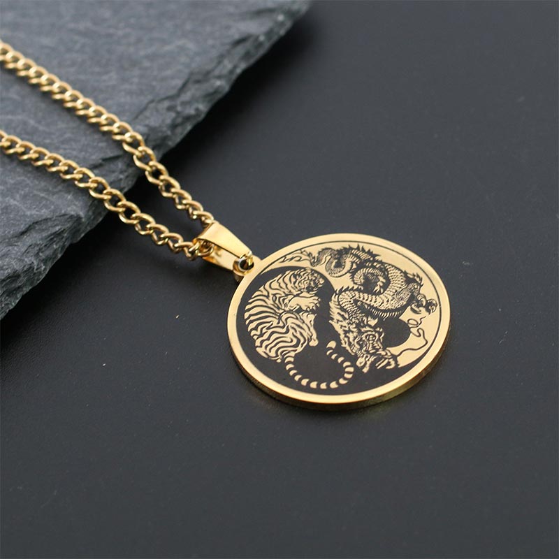 Buddha Stones Tiger Dragon Titanium Steel Chain Necklace Harmony Pendant Necklaces & Pendants BS 7