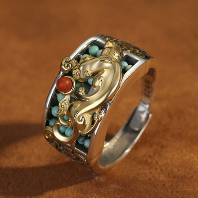 Buddha Stones 925 Sterling Silver Turquoise Red Agate PiXiu Abacus Protection Ring Ring BS 5