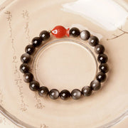Bracelet Foviel en obsidienne argentée naturelle, cinabre et motif de poisson koï pour une protection apaisante