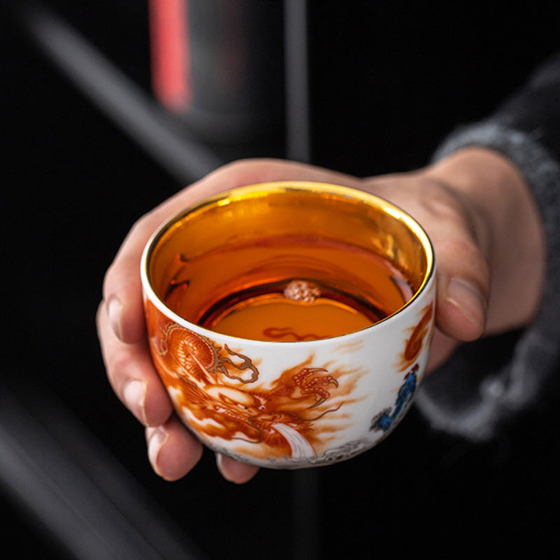 Buddha Stones Dragon Phoenix Crane Sun Ocean Waves Gilt Ceramic Teacup Kung Fu Tea Cup 170ml Cup BS 3
