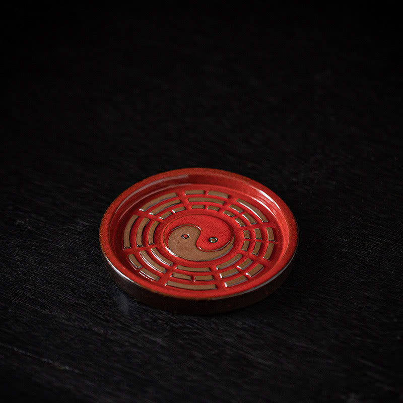 Buddha Stones Small Treasure Bowl Lucky Bag Bagua Tray Healing Ceramic Stick Incense Burner Decoration Incense Burner BS Red Bagua Tray 10.1*10.1*1cm