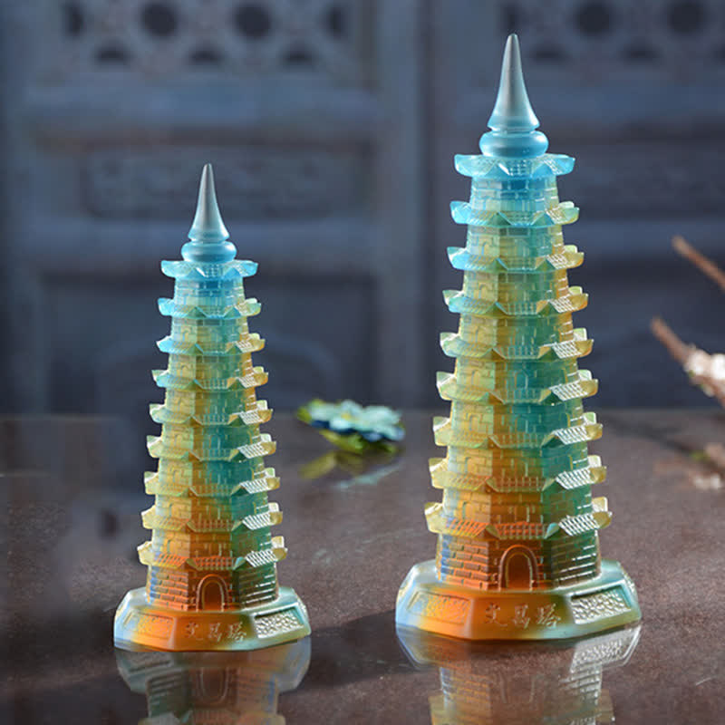 Buddha Stones Feng Shui Wenchang Tower Handmade Liuli Crystal Pagoda Art Piece Luck Home Office Decoration Decorations BS 4