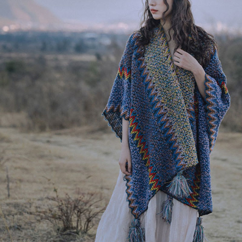 Buddha Stones Tibetan Shawl Soft Warm Knitting Cloak Winter Tibetan Tassel Scarf Tibetan Shawl BS 12