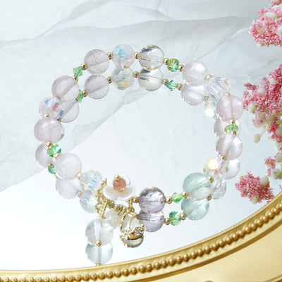 Buddha Stones Strawberry Quartz Rutilated Quartz Fluorite Flower Healing Bracelet Bracelet BS 28