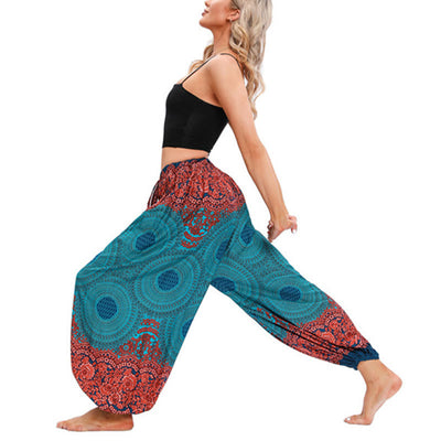 Buddha Stones Loose Circle-shaped Flowers Pattern Harem Trousers Women's Yoga Pants Women's Harem Pants BS 9