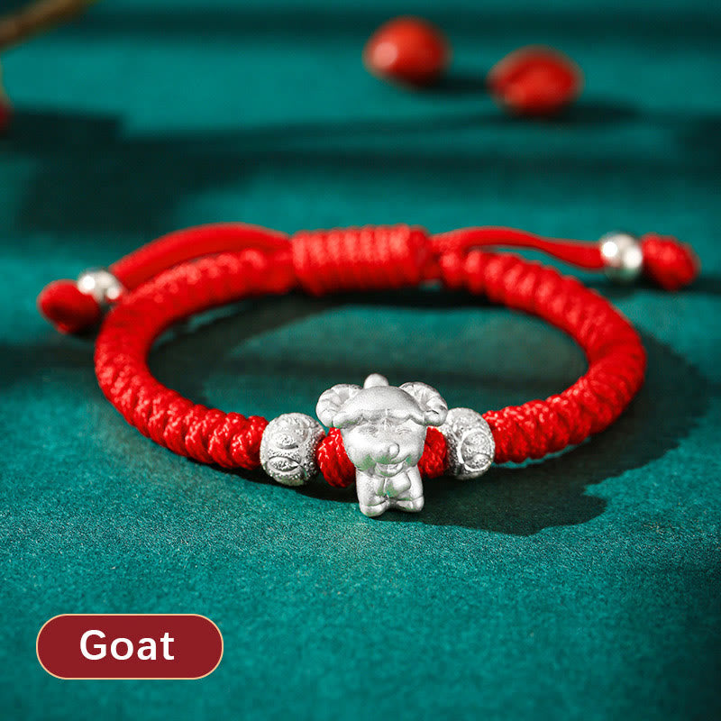 Buddha Stones 999 Sterling Silver Chinese Zodiac Red Rope Luck Handcrafted Kids Bracelet Bracelet BS Goat(Bracelet Size 12+4cm)