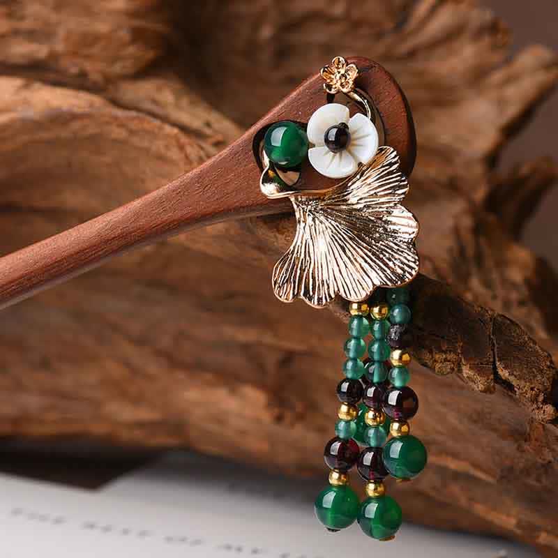 Buddha Stones Red Sandalwood Green Agate Ginkgo Leaf Protection Hairpin Hairpin BS 5